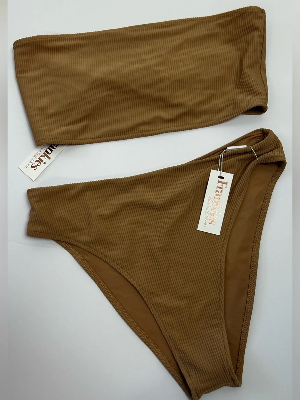 NWT Frankies Bikinis Jenna Ribbed Bandeau Bikini Set Sand XL — High Rise Cheeky